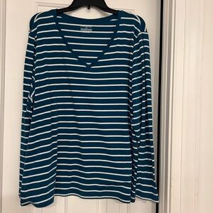 Lane Bryant Teal and White Striped Long Sleeve Top